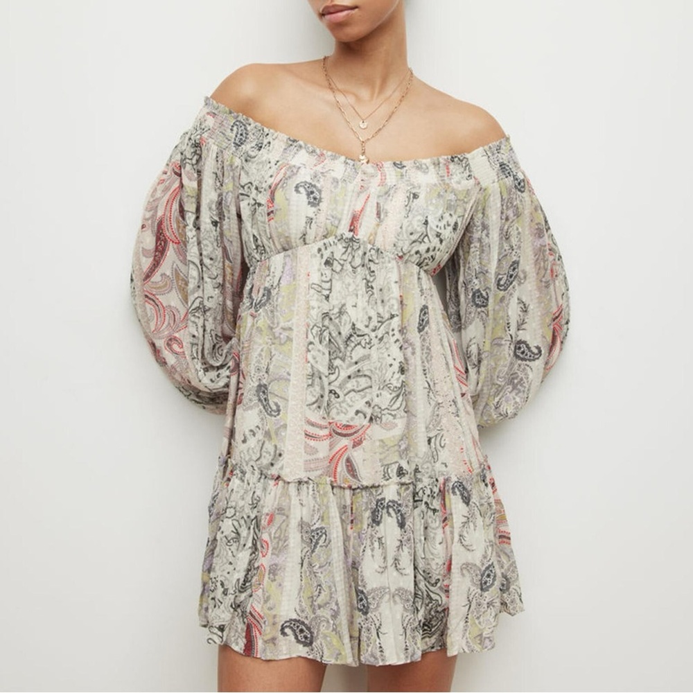 All Saints Tia Makutu paisley off the shoulder long sleeve mini dress white gray